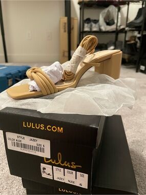 Lulu's Nude Knotted Strap Block Heel Sandals